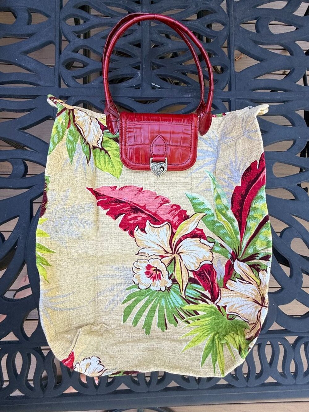 Vtg Brighton Hawaiian Floral Barkcloth Tote Bag, Leather Handles, Foldable, NEW